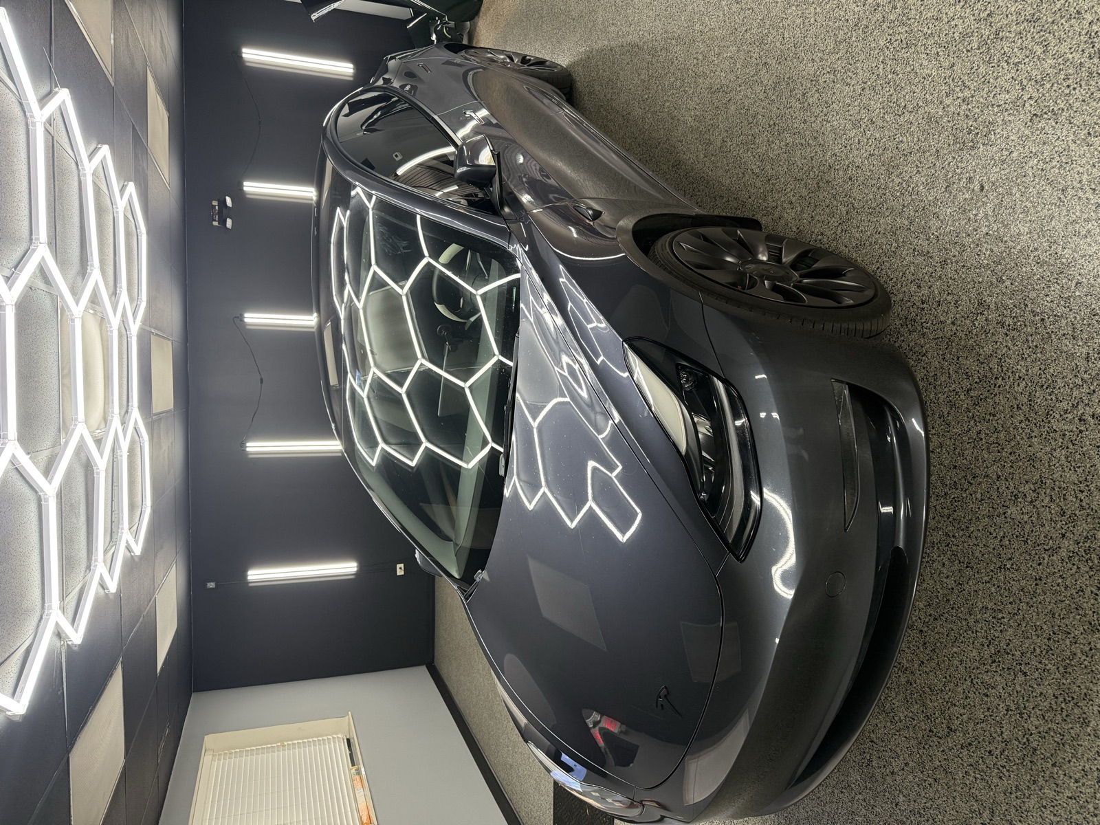 Ceramic-coated grey Tesla Model 3 with deep gloss at Perfect Graphics in Cary, IL