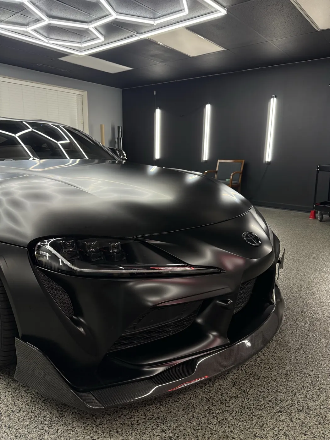 Satin black Toyota Supra front end