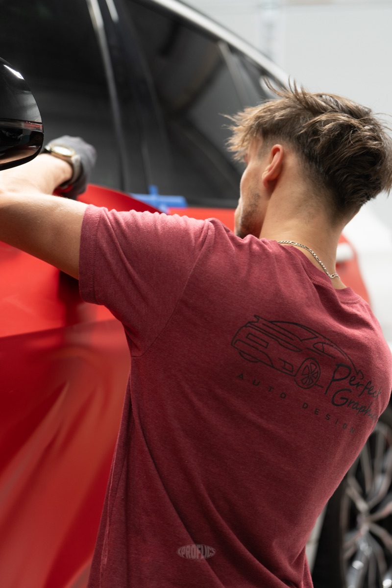 Vehicle wrap installation in progress
